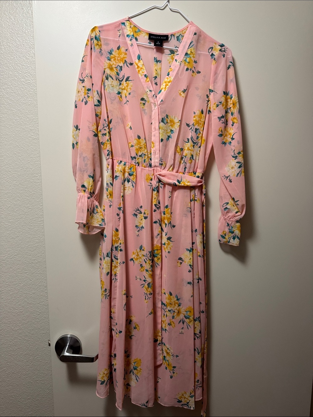 Pink Floral Long-Sleeve Midi Dress with Tie Waist